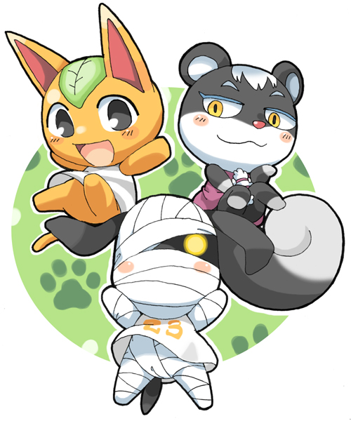 1boy, 2girls, animal_crossing, artist_request, cat, dog, dress, lucky_(animal_crossing)