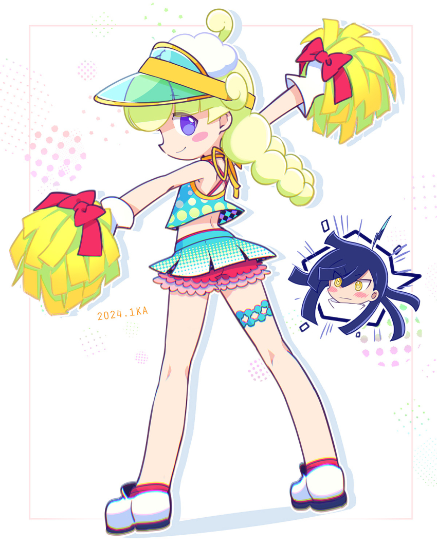 1boy, 1girl, ahoge, alternate_costume, aqua_shirt, aqua_skirt, arched_back, arm_up