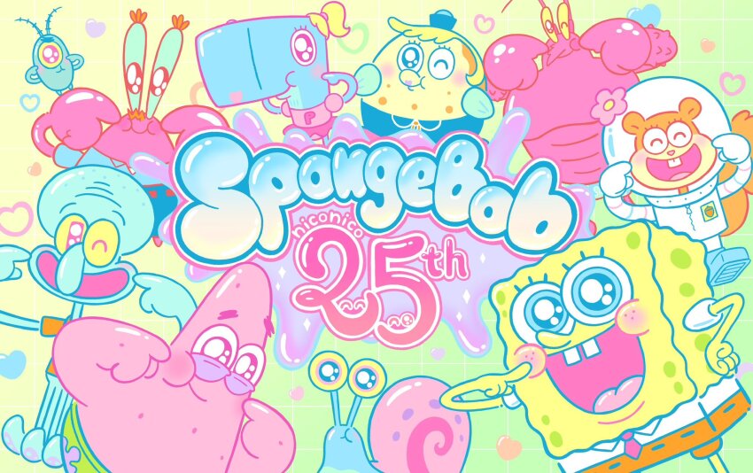 belt, blonde_hair, blue_skin, blush, boots, brown_fur, brown_hair, buck_teeth, claws, colored_skin, crab, eyelashes, fish, flower, formal_clothes, freckles, gary_(spongebob), gradient_background, green_background, hat, hawaiian_clothes, helmet, highres, larry_the_lobster, lobster, mr._krabs, mrs._puff, multicolored_hair, necktie, nickelodeon, octopus, pants, patrick_star, pearl_krabs, pink_skin, plankton_(character), plankton_(spongebob), ponytail, puffer_fish, red_skin, sandy_cheeks, shell, shirt, shorts, skirt, smile, snail, sponge, spongebob_squarepants, spongebob_squarepants_(series), squidward_tentacles, squirrel, starfish, suit, tail, teeth, two-tone_background, two-tone_hair, whale, yellow_background, yellow_skin