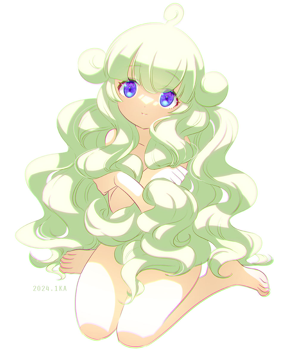 1girl, absurdly_long_hair, ahoge, alternate_hair_length_(longer), alternate_hairstyle, blonde_hair, bloom, blunt_bangs, burippoi, chromatic_aberration, closed_mouth, completely_nude, convenient_hair, covering_breasts, covering_chest, covering_privates, crossed_arms, dated, full_body, hair_flaps, highres, light_smile, long_hair, marle_(puyopuyo), nude, purple_eyes, puyopuyo, puyopuyo_tetris_2, sidelocks, simple_background, sitting, solo, split_mouth, tareme, very_long_hair, wariza, wavy_hair, white_background