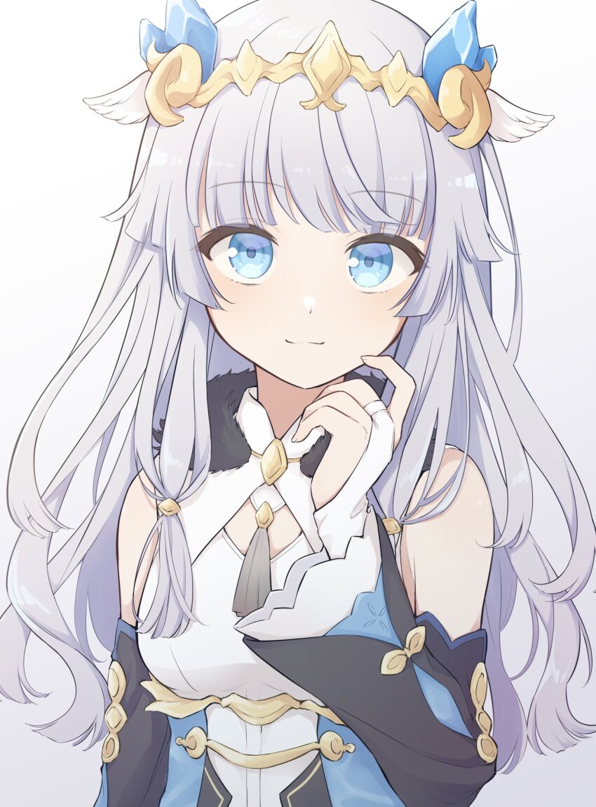 1girl, bare_shoulders, beatrice_(rune_factory), blue_eyes, blush, breasts, bridal_gauntlets, closed_mouth