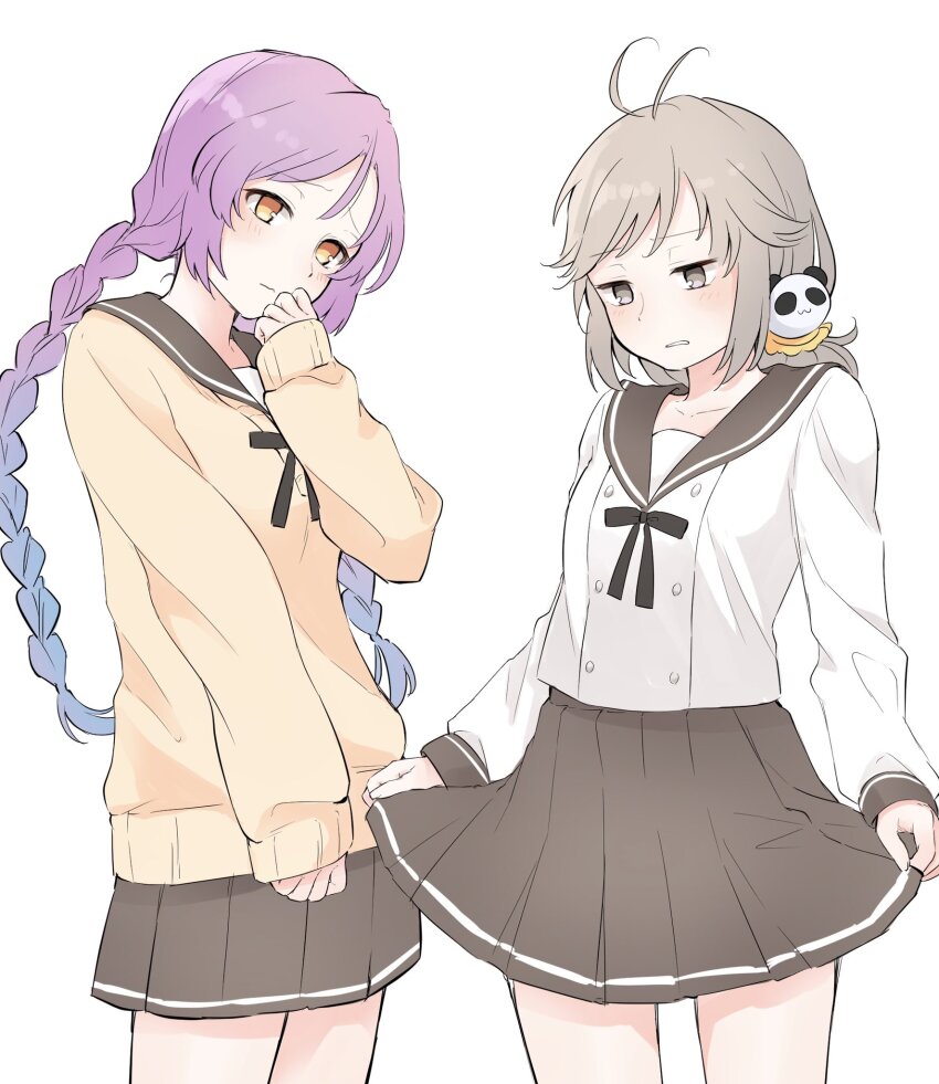 2girls, alternate_costume, black_ribbon, black_skirt, braid, brown_hair, brown_sweater, clorica_(rune_factory)