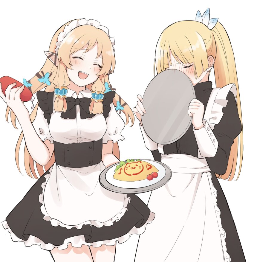 2girls, ^_^, alternate_costume, apron, black_dress, blonde_hair, blush, bottle