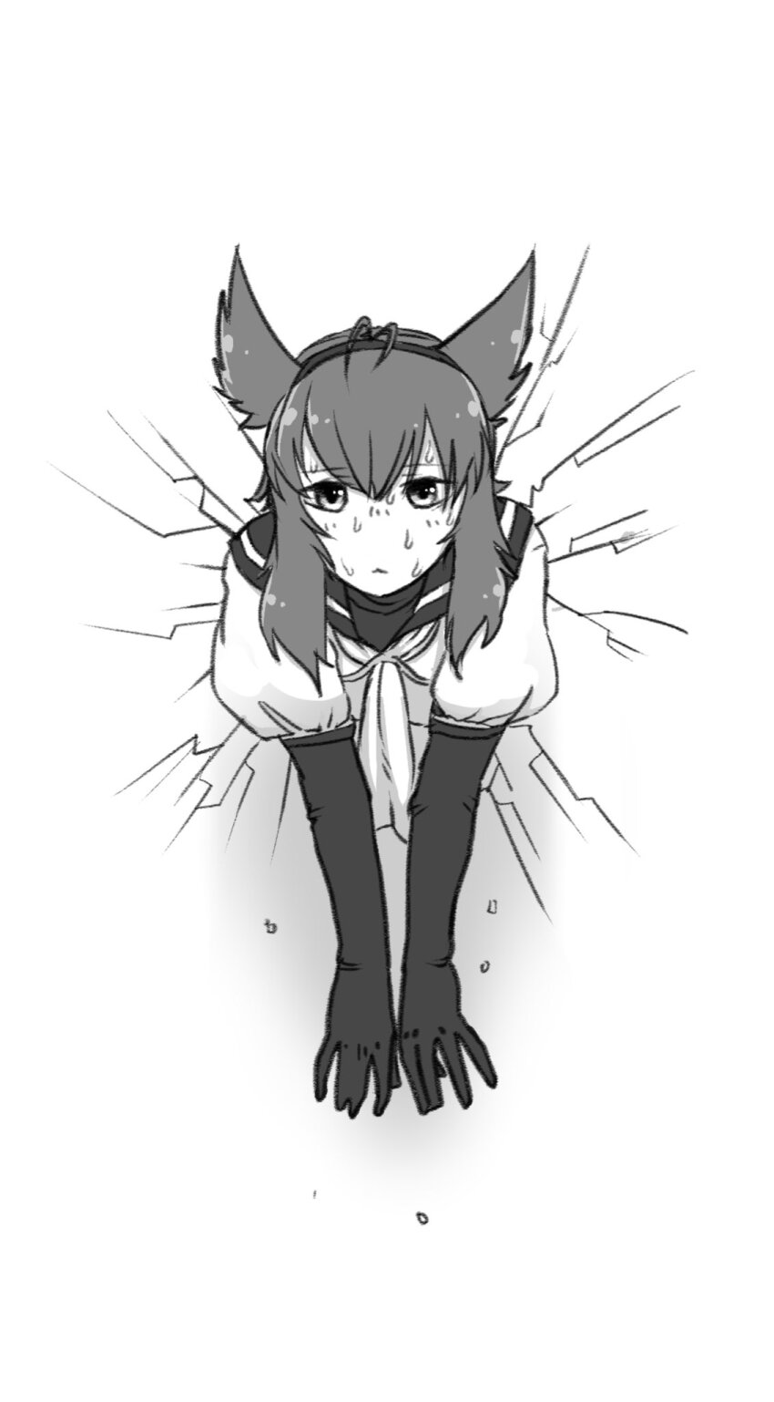 1girl, antenna_hair, cb839, commentary_request, crack, cracked_wall, elbow_gloves, flying_sweatdrops