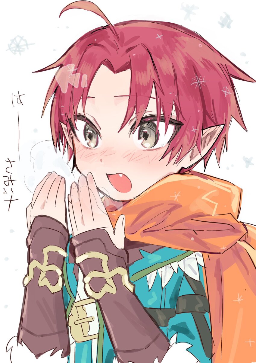 1boy, ahoge, blush, commentary_request, doug_(rune_factory), fang, grey_eyes, hands_up