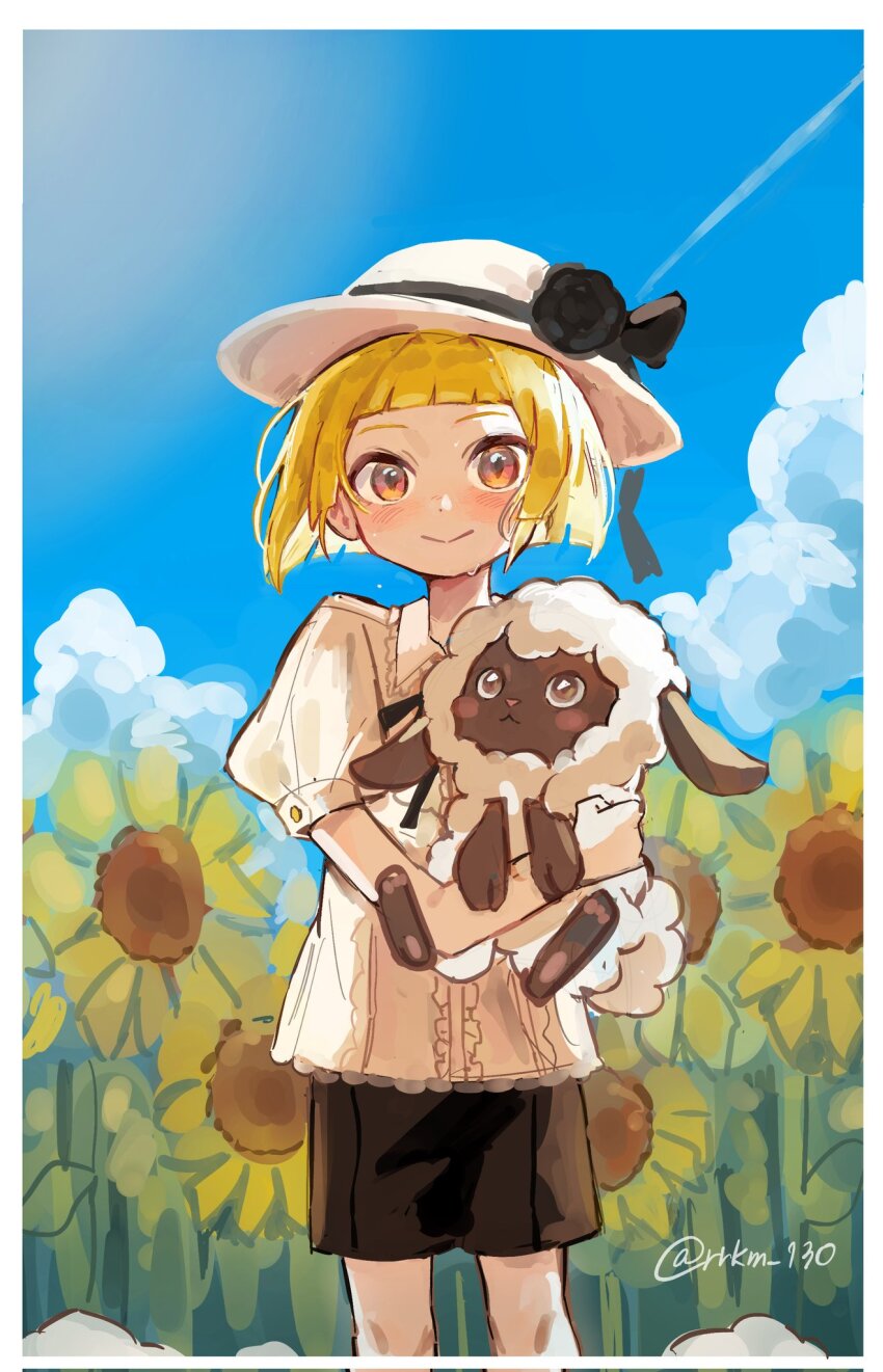 1boy, aged_down, animal, arthur_(rune_factory), blonde_hair, blue_sky, blush, closed_mouth, cloud, commentary_request, cowboy_shot, day, field, flower, flower_field, hat, highres, holding, holding_animal, looking_at_viewer, mokomoko_(rune_factory), outdoors, rrkm_13o, rune_factory, rune_factory_4, sheep, shirt, short_hair, shorts, sky, smile, solo, standing, summer, sun_hat, sunflower, white_hat, white_shirt