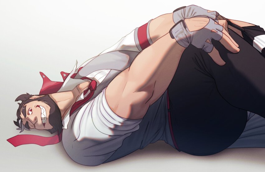 1boy, bara, beard, facial_hair, from_side, full_beard, grin, highres