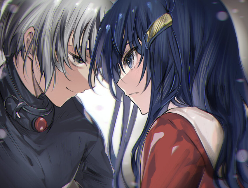 1boy, 1girl, amasawa_ikumi, black_sweater, blue_eyes, blue_hair, boy_(moon), dainatsu