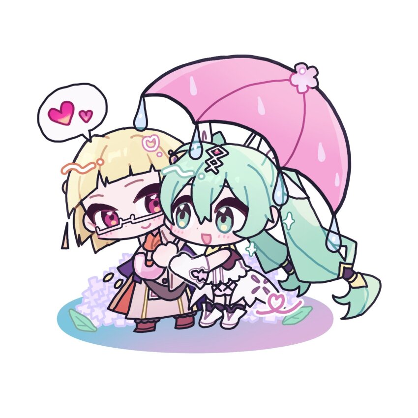 1boy, 1girl, arthur_(rune_factory), blonde_hair, boots, chibi, commentary_request, frey_(rune_factory)