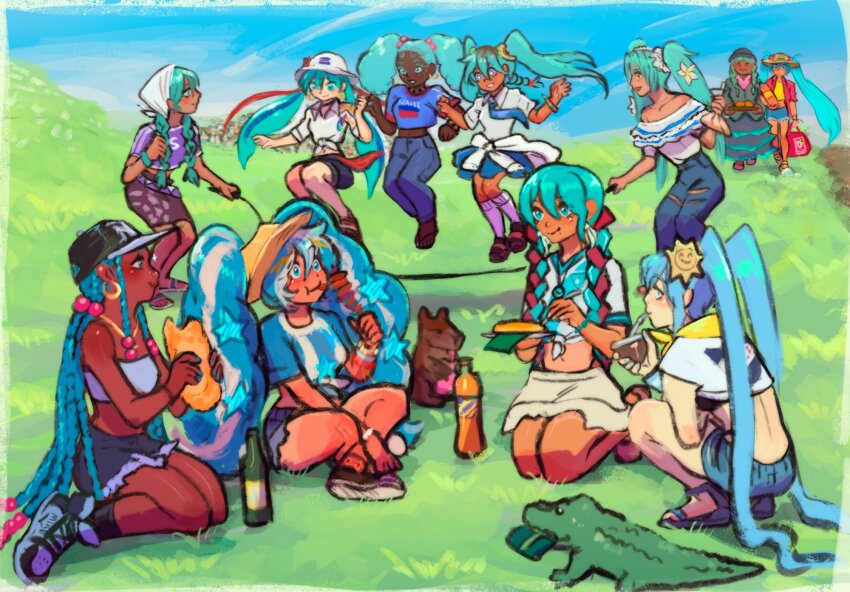 6+girls, annotated, aqua_hair, bandeau, bare_shoulders, black_footwear, black_hair, black_socks