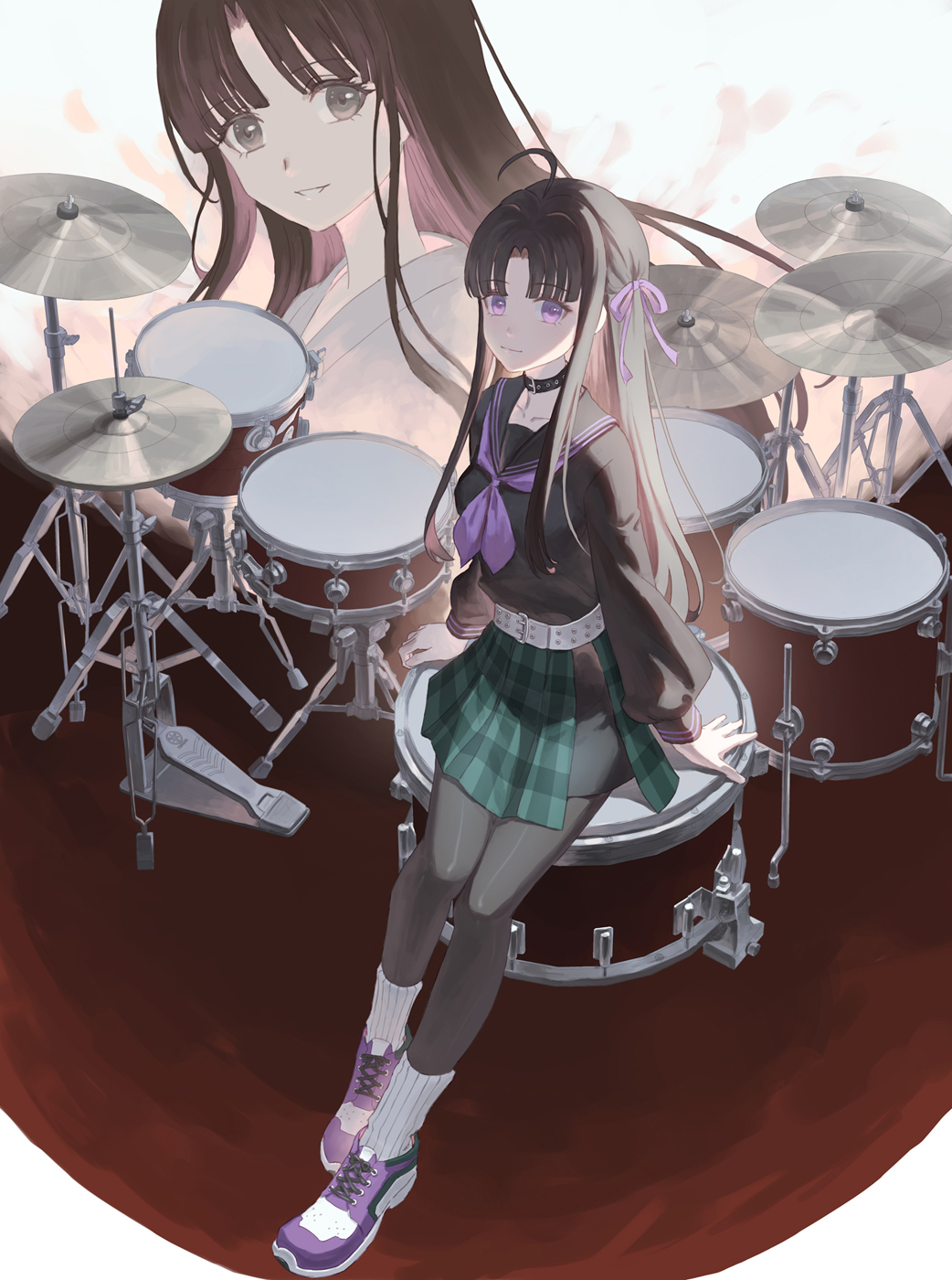 2girls, ahoge, awa_subaru, awa_tendo, belt, black_eyes, black_hair, black_pantyhose, black_sailor_collar, black_shirt, black_shorts, breasts, chinese_commentary, closed_mouth, colored_inner_hair, commentary_request, drum, drum_set, girls_band_cry, green_skirt, hair_ribbon, half-skirt, highres, instrument, long_hair, looking_at_viewer, medium_breasts, mother_and_child, mother_and_daughter, multicolored_hair, multiple_girls, neckerchief, pantyhose, parent_and_child, plaid_clothes, plaid_skirt, pleated_skirt, purple_eyes, purple_footwear, purple_neckerchief, purple_ribbon, red_hair, ribbon, sailor_collar, shirt, shorts, shorts_under_skirt, sidelocks, skirt, socks, studded_belt, unmei_no_hana_(girls_band_cry), white_socks, xukong