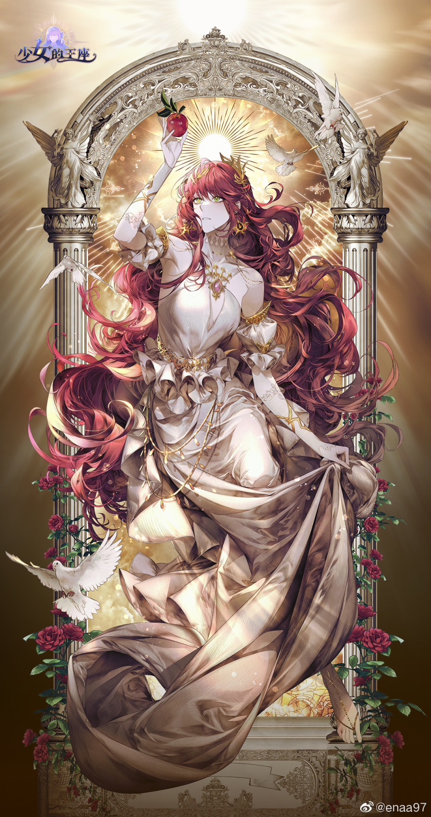1girl, angel_statue, apple, arch, arm_up, arm_warmers, bare_shoulders, barefoot, belt, bird, brooch, card_(medium), chinese_commentary, cloud, commentary_request, copyright_name, detached_sleeves, dove, dress, earrings, ena_(enaa97), flower, food, fruit, full_body, gold_belt, gold_earrings, green_eyes, hair_between_eyes, hair_ornament, halter_dress, halterneck, highres, holding, holding_food, holding_fruit, holding_own_dress, jewelry, leaf, leaf_hair_ornament, long_hair, looking_at_object, parted_lips, pillar, plant, red_flower, red_hair, red_rose, rose, short_sleeves, solo, stained_glass, statue, sun_earrings, sun_symbol, sunlight, tarot, tarot_(medium), the_throne_of_girl, toe_ring, very_long_hair, vines, watermark, wavy_hair, weibo_watermark, white_dress