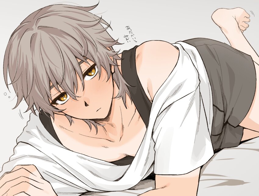 1boy, barefoot, black_tank_top, blush, caelus_(honkai:_star_rail), closed_mouth, commentary_request, grey_background