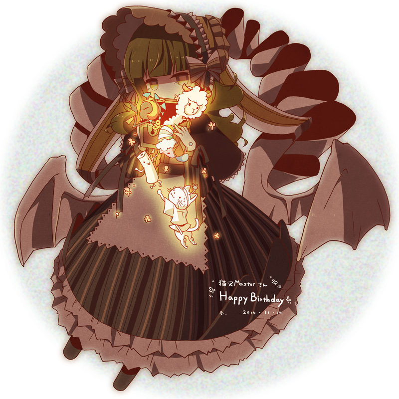 1girl, apron, bemani, bonnet, box, capelet, cat, chaki_(chakan), character_request, covered_mouth, dress, frilled_dress, frills, full_body, glowing, happy_birthday, holding, holding_box, long_hair, looking_at_viewer, orange_eyes, paku_(pop'n_music), pop'n_music, sheep, solo, veil, white_apron