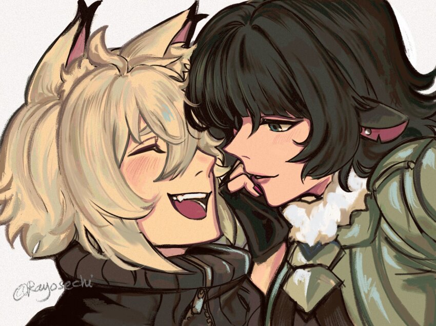 1boy, 1girl, animal_ears, artist_name, black_gloves, black_hair, blunt_bangs, cat_boy