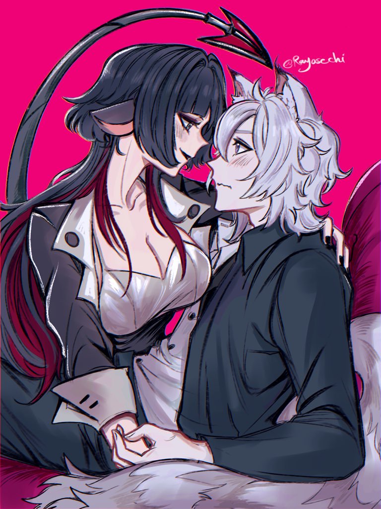 1boy, 1girl, animal_ears, black_hair, black_jacket, black_lips, blush, breasts, cat_boy, cat_ears, cat_tail, cleavage, closed_mouth, collarbone, green_eyes, hair_between_eyes, hashtag-only_commentary, hetero, jacket, jane_doe_(zenless_zone_zero), large_breasts, mouse_ears, mouse_girl, mouse_tail, multicolored_hair, pink_background, ray_(rayosechi), red_hair, seth_lowell, short_hair, sidelocks, smile, tail, two-tone_hair, white_hair, zenless_zone_zero