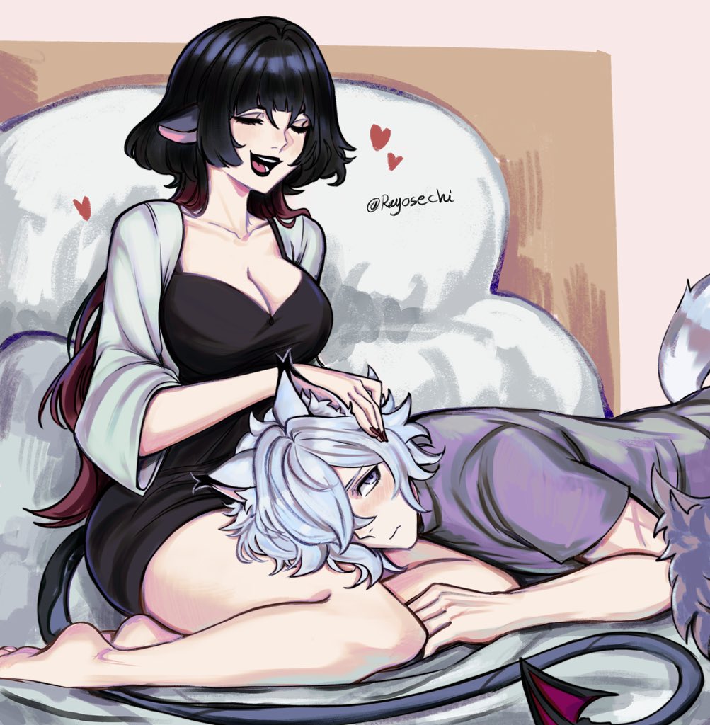 1boy, 1girl, animal_ears, barefoot, black_hair, blunt_bangs, blush, breasts, cat_boy, cat_ears, cat_tail, cleavage, closed_eyes, closed_mouth, hair_between_eyes, heart, indoors, jane_doe_(zenless_zone_zero), large_breasts, long_hair, mouse_ears, mouse_girl, mouse_tail, multicolored_hair, open_mouth, purple_eyes, ray_(rayosechi), red_hair, seth_lowell, short_hair, sidelocks, smile, tail, two-tone_hair, white_hair, zenless_zone_zero