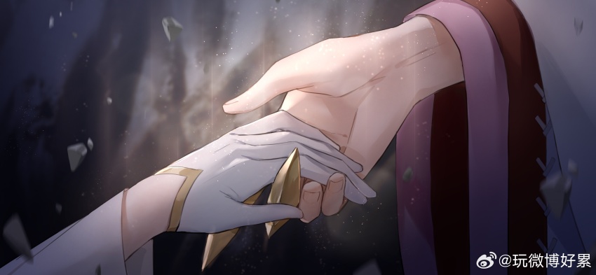 1boy, 1other, absurdres, ambiguous_gender, claw_ring, close-up, debris, e_(h798602056), female_master_(the_tale_of_food), game_cg, gloves, hand_focus, highres, holding_hands, light_particles, long_sleeves, male_master_(the_tale_of_food), meng_po_tea_(the_tale_of_food), motion_blur, official_art, out_of_frame, the_tale_of_food, watermark, weibo_watermark, white_gloves, wide_sleeves