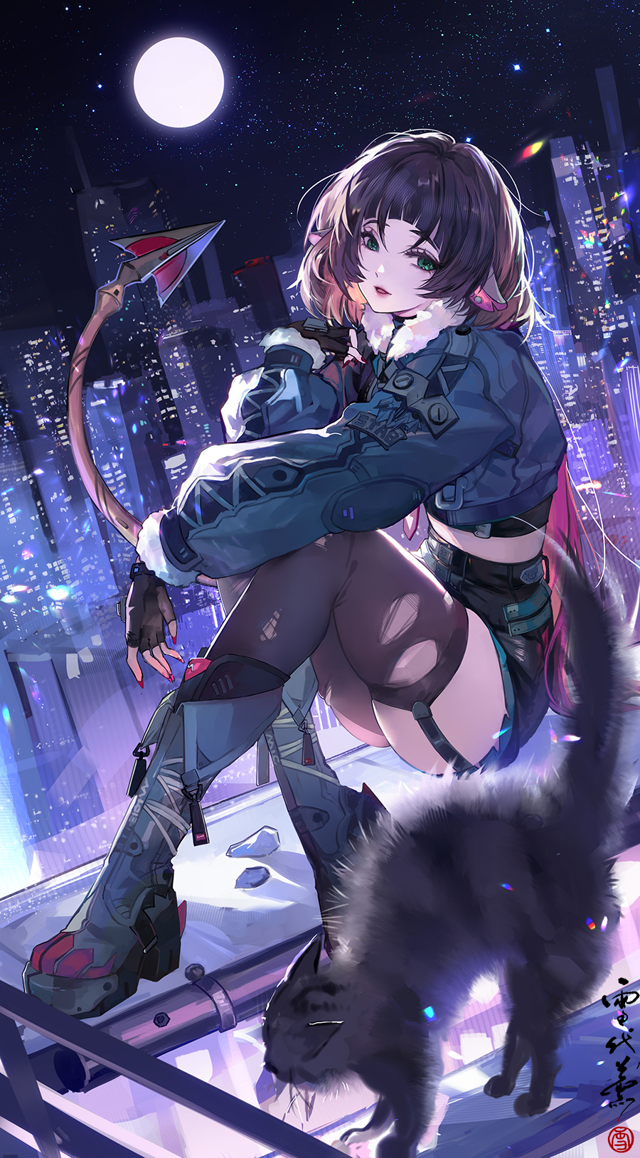 1girl, black_cat, black_gloves, black_pantyhose, black_shorts, black_thighhighs, blunt_bangs, boots, cat, cityscape, fingernails, full_body, full_moon, fur-trimmed_jacket, fur_trim, gloves, green_boots, green_eyes, green_hair, green_jacket, high-waist_shorts, highres, jacket, jane_doe_(zenless_zone_zero), long_hair, moon, moonlight, mouse_girl, mouse_tail, multicolored_hair, nail_polish, night, open_mouth, outdoors, pantyhose, red_hair, red_nails, shadow, shorts, sidelocks, single_leg_pantyhose, single_thighhigh, sky, smile, solo, star_(sky), starry_sky, tail, thighhighs, torn_clothes, torn_pantyhose, torn_thighhighs, two-tone_hair, xuedaixun, zenless_zone_zero