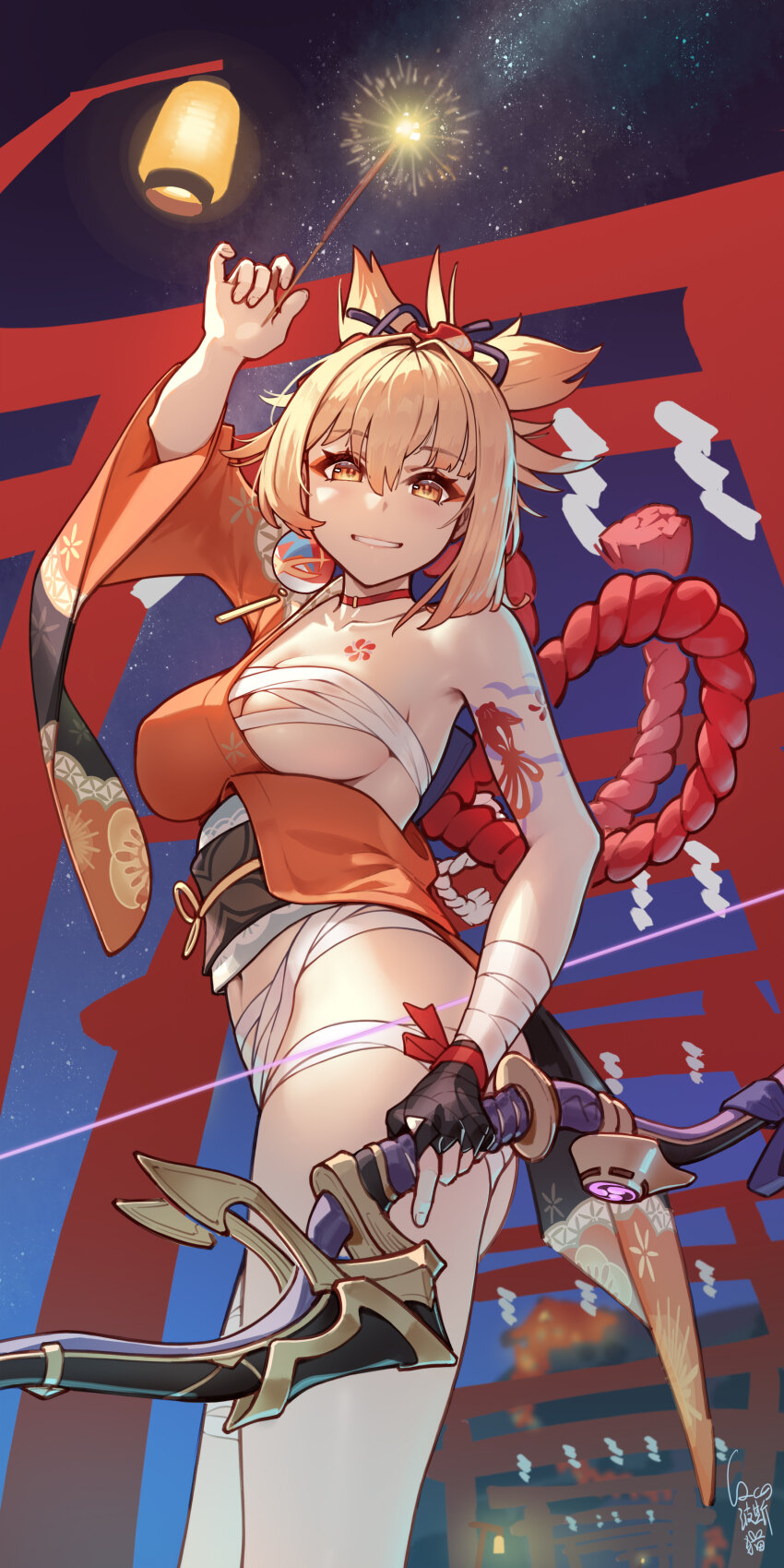 1girl, absurdres, arm_up, bandaged_arm, bandages, bare_shoulders, black_gloves, blonde_hair