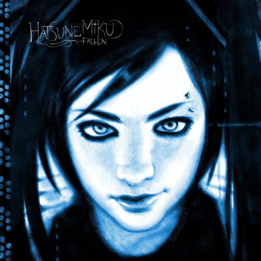 absurdres, album_cover, album_cover_redraw, album_name, character_name, cover, derivative_work, evanescence, eyebrow_piercing, face_piercing, fake_cover, fallen_(evanescence), hatsune_miku, highres, long_hair, looking_at_viewer, looking_back, piercing, portrait, smile, twelvelevens, twintails, v-shaped_eyebrows, vocaloid