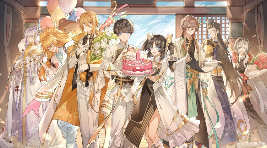 1girl, 6+boys, :d, absurdres, adjusting_clothes, adjusting_necktie, antenna_hair, aqua_eyes