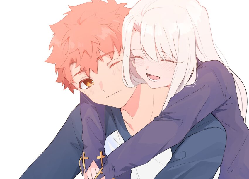 1boy, 1girl, blue_shirt, brother_and_sister, closed_eyes, emiya_shirou, fate/stay_night, fate_(series)
