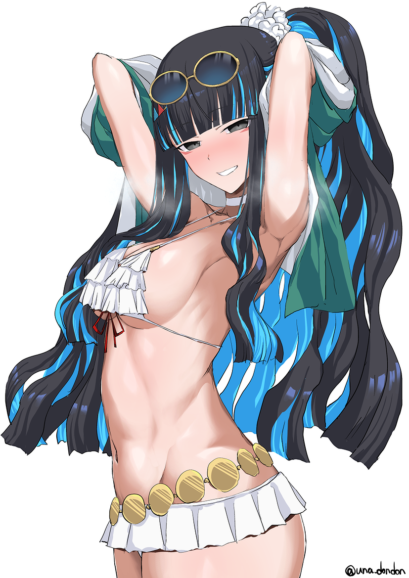 1girl, arm_up, armpits, arms_behind_head, bare_shoulders, belly_chain, bikini, black_hair