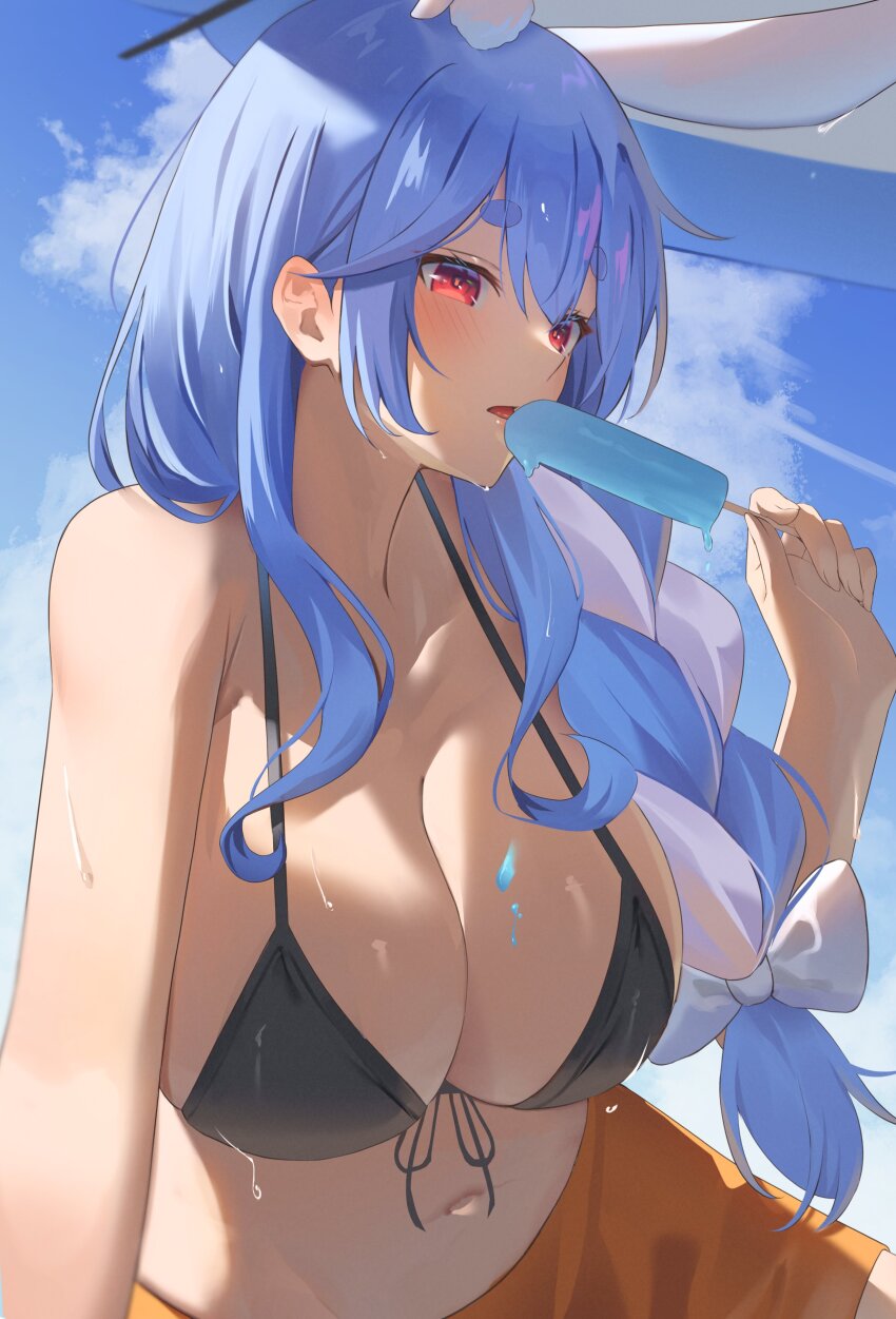1girl, absurdres, animal_ears, bikini, black_bikini, blue_hair, bow, braid