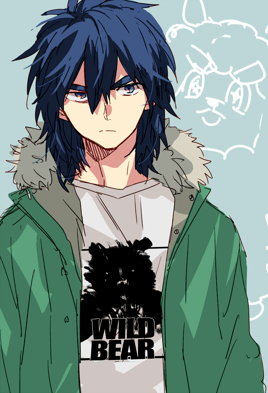 1boy, blue_eyes, coat, green_coat, hair_between_eyes, highres, hinata_(ryohinata), iwakiyamayukisatoshironanogojuurokushi_yui