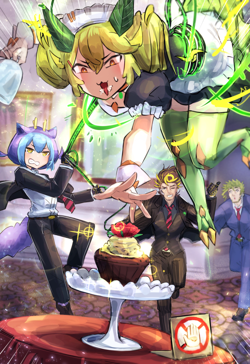 2boys, 2girls, alternate_costume, blue_hair, bound, commission, cupcake, dragon_girl, dragon_horns, duel_monster, food, formal_clothes, hatano_kiyoshi, highres, horns, laundry_dragonmaid, multiple_boys, multiple_girls, necktie, parlor_dragonmaid, running, skeb_commission, spyral_super_agent, spyral_tough, suit, table, theft, tied_up_(nonsexual), yellow_eyes, yu-gi-oh!