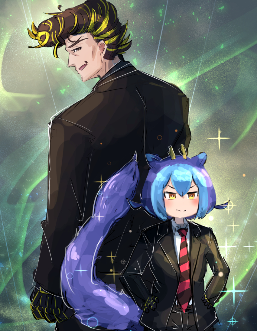 1boy, 1girl, alternate_costume, black_suit, blue_hair, commission, dragon_girl, dragon_horns
