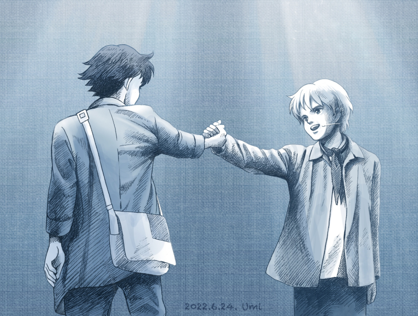 2boys, alfredo_martini, arm_at_side, artist_name, bag, black_hair, dated, handbag