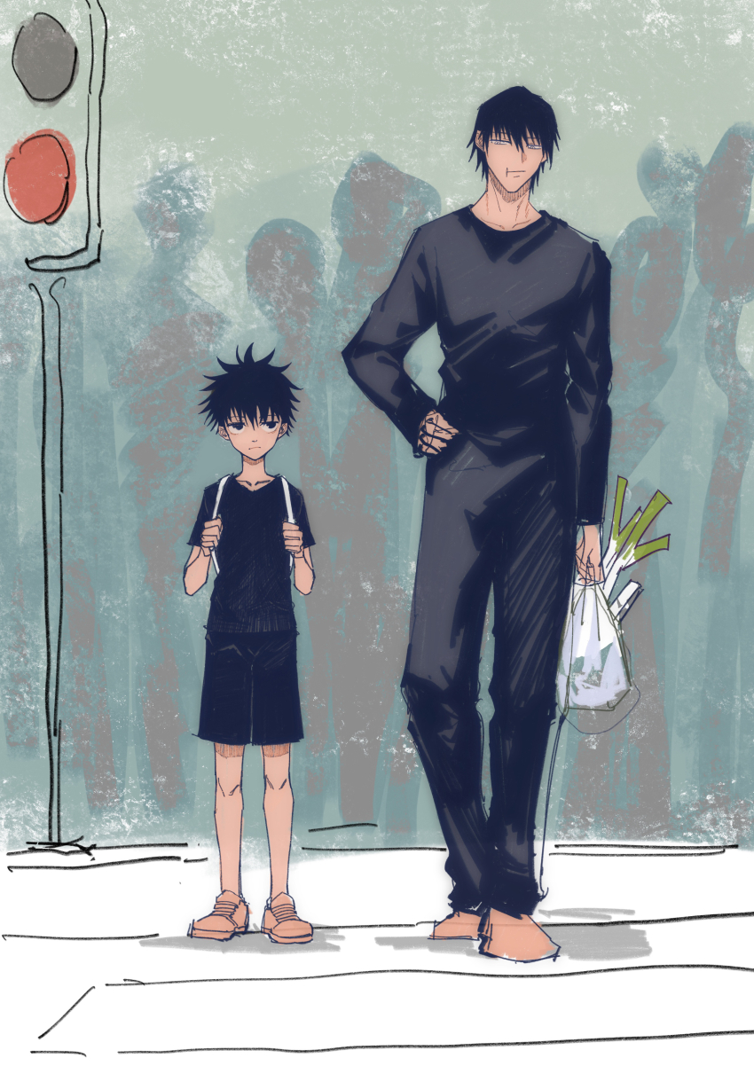 2boys, absurdres, aged_down, backpack, bag, black_pants, black_shirt, crowd