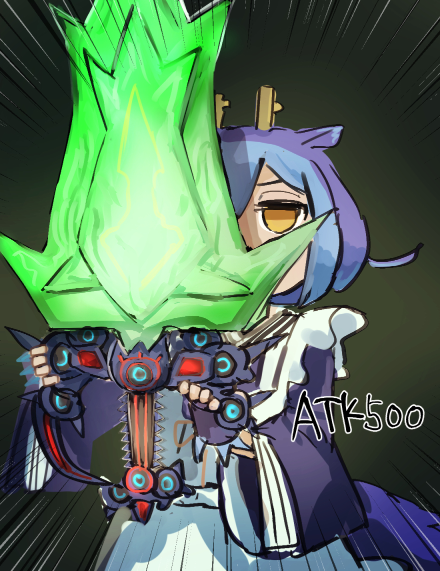 apron, blue_hair, blue_kimono, dragon_girl, dragon_horns, duel_monster, hatano_kiyoshi, holding, holding_sword, holding_weapon, horns, japanese_clothes, kimono, laundry_dragonmaid, maid, maid_apron, psychic_blade, sword, wa_maid, weapon, yellow_eyes, yu-gi-oh!