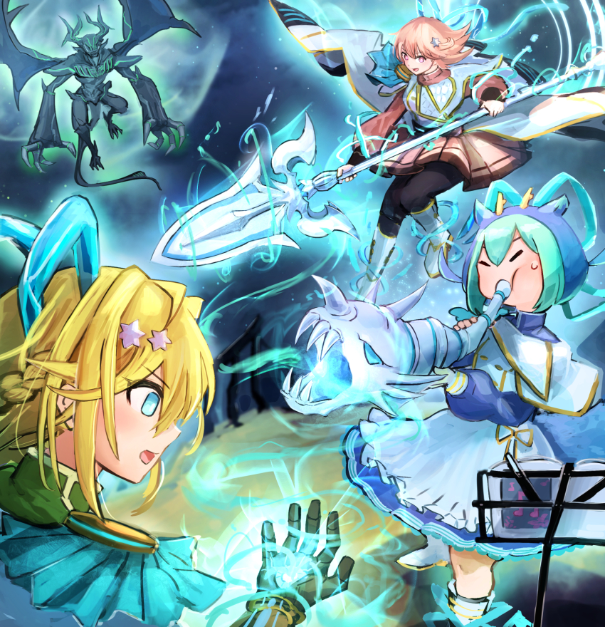 3girls, adapted_costume, apron, blonde_hair, blue_hair, commission, demon, dragon_girl