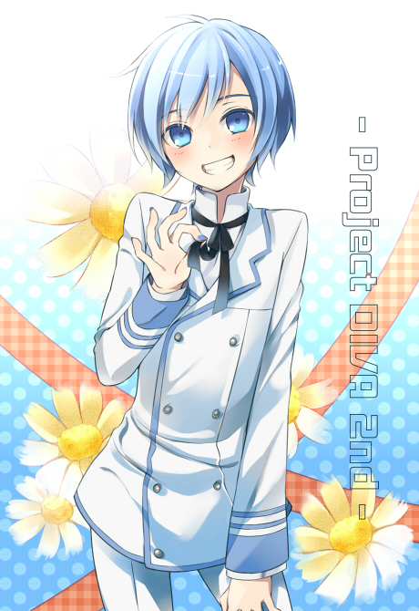 1boy, bad_id, bad_pixiv_id, blue_eyes, blue_hair, blush, copyright_name, formal_clothes