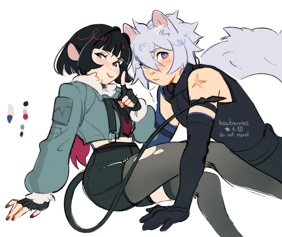 1boy, 1girl, animal_ears, black_gloves, black_hair, blush, cat_boy, cat_ears, cat_tail, closed_mouth, couple, fingerless_gloves, gloves, green_eyes, hawberries, hetero, jane_doe_(zenless_zone_zero), looking_at_viewer, mouse_ears, mouse_girl, mouse_tail, purple_eyes, scar, scar_on_arm, seth_lowell, short_hair, simple_background, tail, white_background, white_hair, zenless_zone_zero