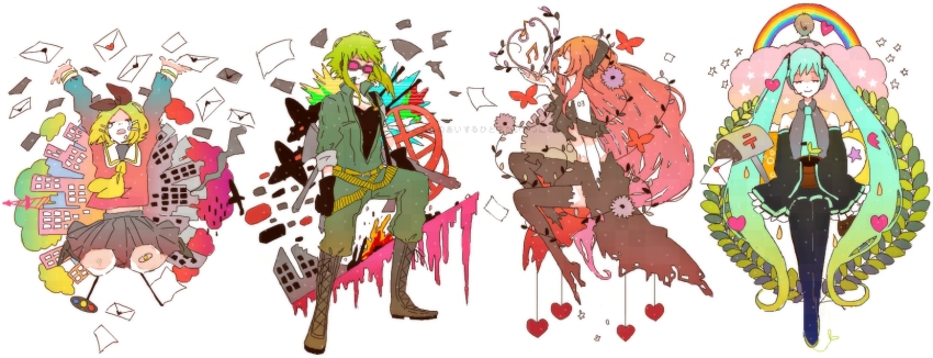 4girls, aqua_hair, blonde_hair, bokura_no_16bit_warz_(vocaloid), closed_eyes, creator_connection, detached_sleeves, goggles