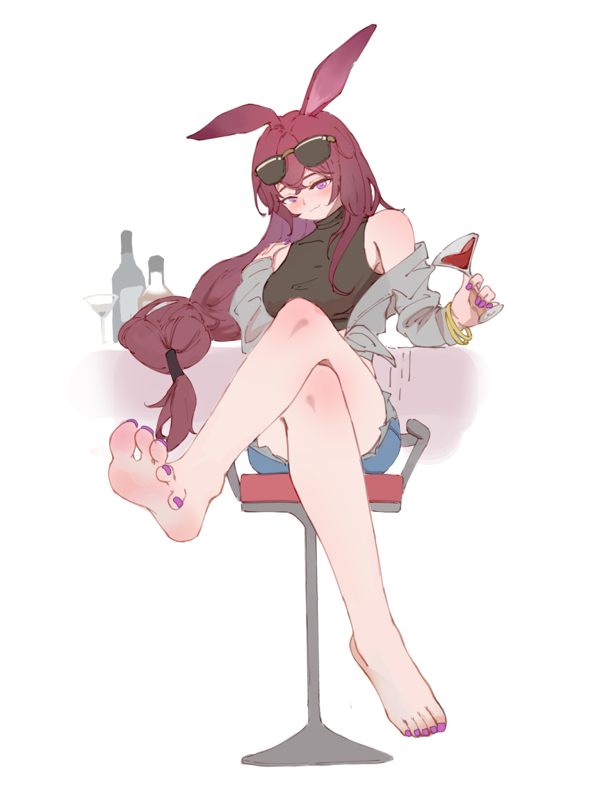 1girl, absurdres, animal_ears, arknights, barefoot, blush, cocktail_glass, crossed_legs