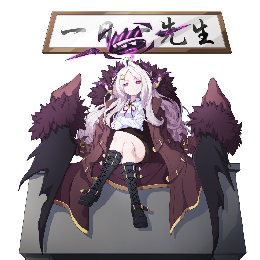 1girl, absurdres, ahoge, aru_(blue_archive), aru_(blue_archive)_(cosplay), black_boots, black_skirt, black_wings