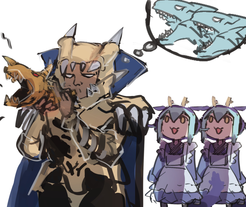 1boy, 2girls, blue-eyes_white_dragon, blue_kimono, clone, dragon_girl, dragon_horns, duel_monster, hatano_kiyoshi, highres, horns, japanese_clothes, kimono, laundry_dragonmaid, lord_of_d., maid, multiple_girls, sketch, the_flute_of_summoning_dragon, thinking, wa_maid, yellow_eyes, yu-gi-oh!