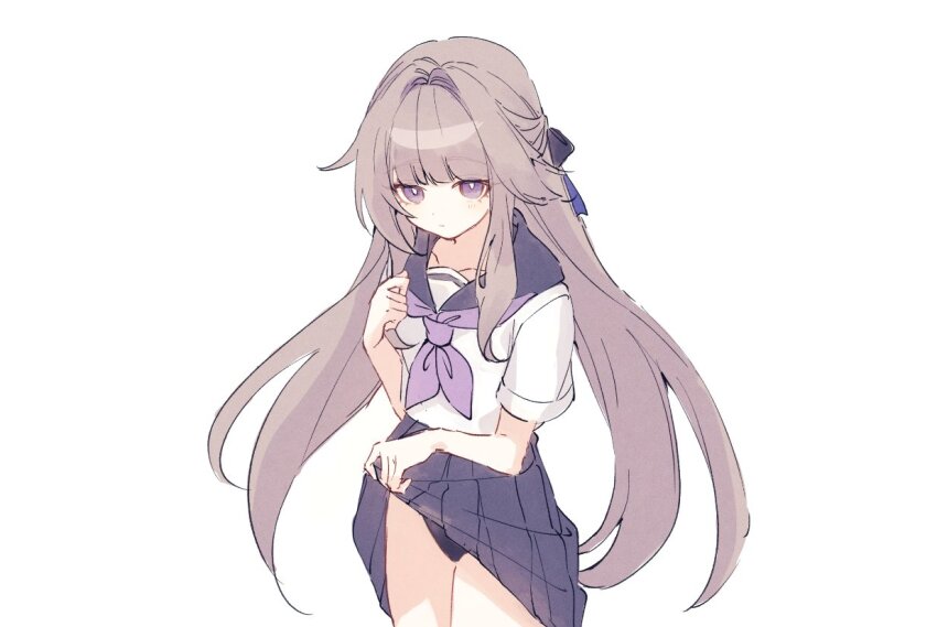 1girl, alternate_costume, black_panties, blue_sailor_collar, blue_skirt, brown_hair, closed_mouth, clothes_lift