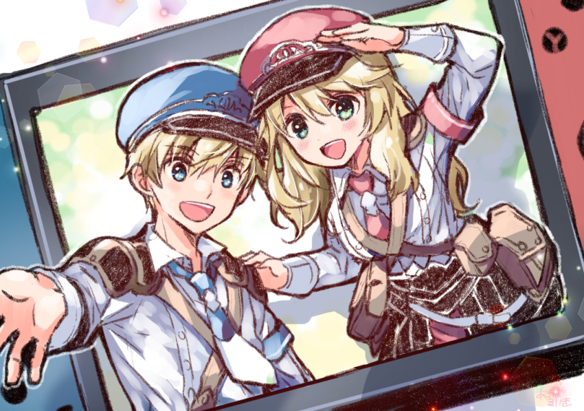 1boy, 1girl, :d, alice_(rune_factory), ares_(rune_factory), arm_up, belt_pouch, blonde_hair