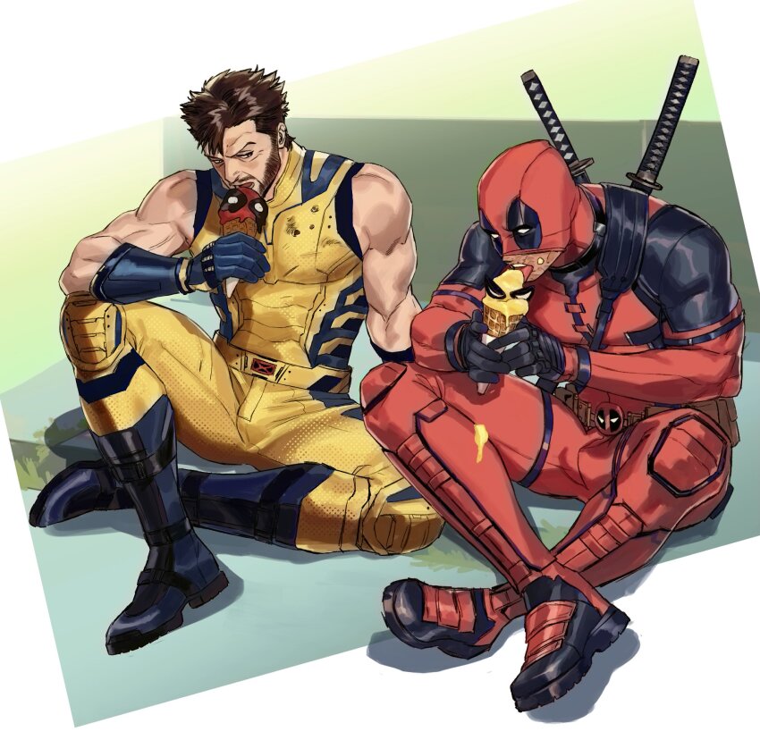2boys, bodysuit, deadpool, deadpool_&amp;_wolverine, deadpool_(series), food, highres, ice_cream