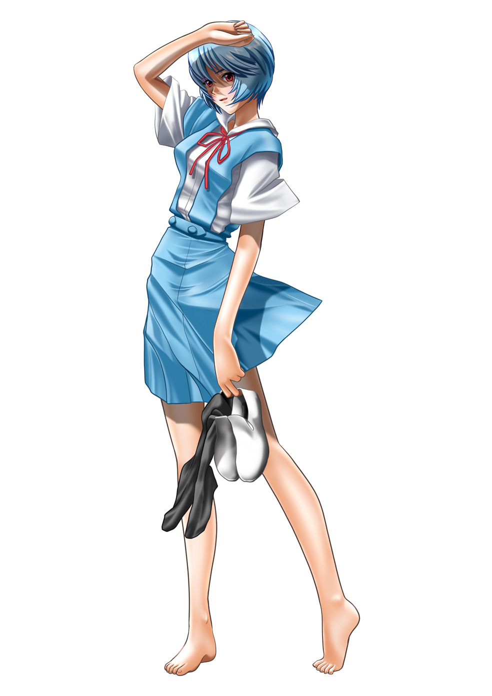1girl, ayanami_rei, barefoot, black_socks, blue_hair, feet, female_focus, full_body, highres, holding, holding_shoes, holding_unworn_clothes, neon_genesis_evangelion, red_eyes, school_uniform, shoes, short_hair, simple_background, smile, socks, solo, unworn_shoes, unworn_socks, white_background, yuusuke_(ziyasu)