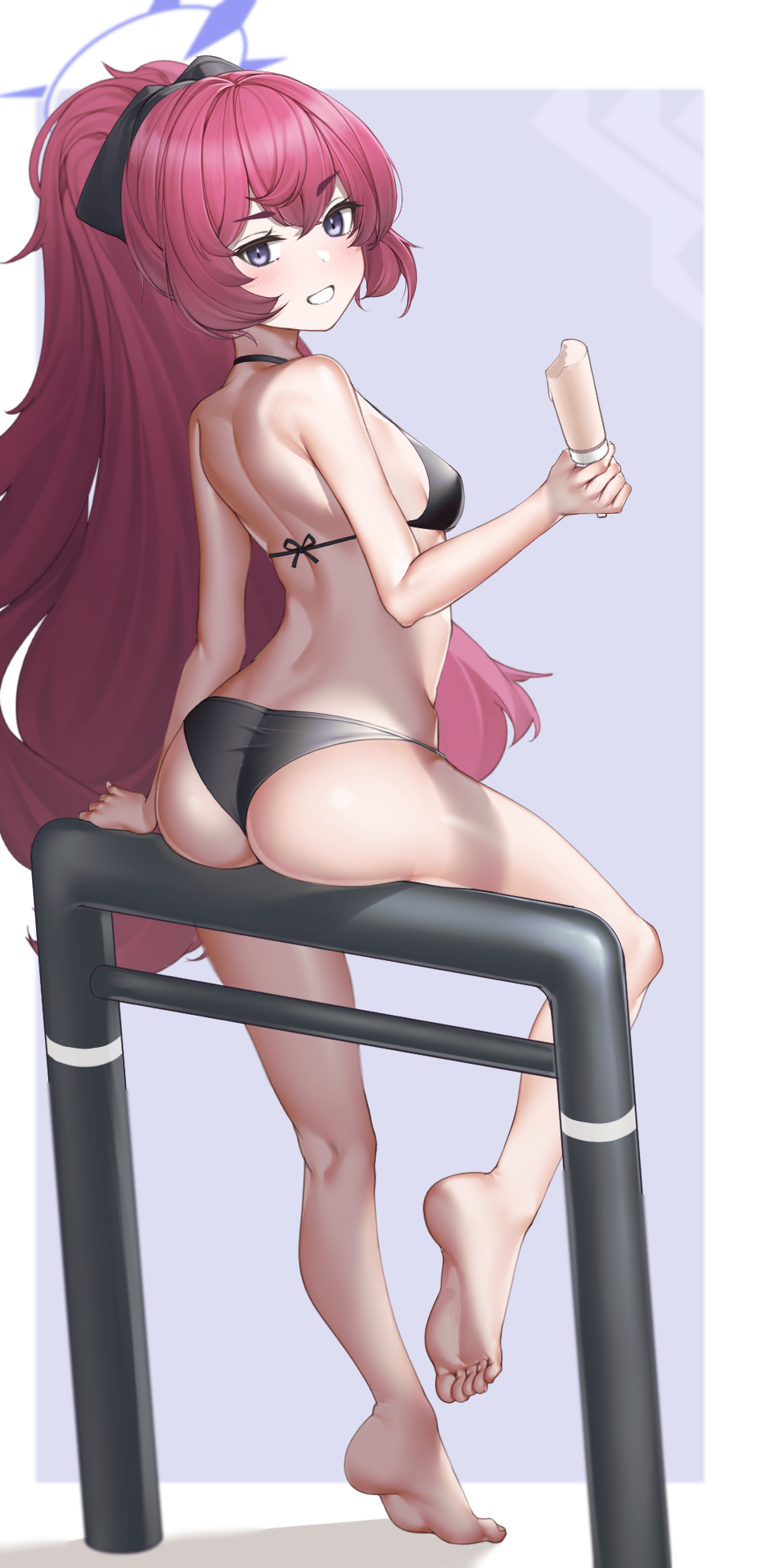 1girl, alternate_costume, alternate_hairstyle, ass, bare_arms, bare_legs, barefoot, bikini, black_bikini, blue_archive, breasts, commentary_request, food, from_behind, hair_between_eyes, hair_ornament, halo, highres, holding, holding_food, holding_popsicle, iroha_(blue_archive), kneepits, loli, long_hair, looking_at_viewer, looking_back, mokuren_(mozukukirai88), popsicle, purple_eyes, purple_halo, red_hair, sitting, small_breasts, smile, solo, swimsuit, thighs, toe_scrunch, toes, very_long_hair