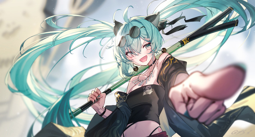 1girl, absurdly_long_hair, aqua_hair, aqua_nails, black_choker, black_happi, black_shirt, blurry, breasts, cane, chinese_commentary, choker, collarbone, commentary_request, crop_top, depth_of_field, earrings, eyewear_on_head, fang, hatsune_miku, highleg, highleg_panties, highres, holding, holding_cane, jewelry, long_hair, medium_breasts, midriff, necklace, open_mouth, panties, qys3, shirt, signature, solo, strapless, strapless_shirt, sunglasses, twintails, underwear, upper_body, very_long_hair, vocaloid