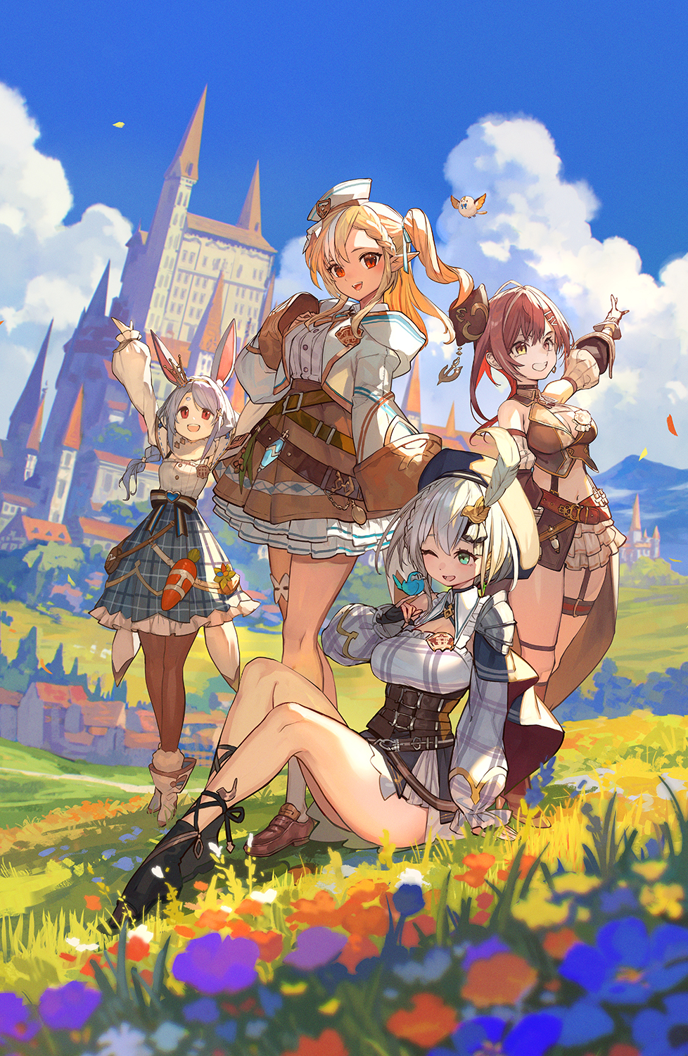 4girls, arms_up, bare_shoulders, beret, bird, black_footwear, blonde_hair, blue_hair, boots, braid, breasts, brown_footwear, building, cleavage, cloud, collar, crop_top, crown, dark-skinned_female, dark_elf, dark_skin, day, dress, dress_shirt, elf, falling_petals, feather_hair_ornament, feathers, flower, garter_straps, gold_crown, grass, green_eyes, grey_hair, grin, hair_ornament, hat, hat_ornament, heterochromia, high_heels, highres, hololive, hololive_fantasy, houshou_marine, houshou_marine_(reality_fantasy), lack, large_breasts, long_hair, looking_at_viewer, mini_crown, mountainous_horizon, multiple_girls, navel, no_eyepatch, official_alternate_costume, official_alternate_hairstyle, one_eye_closed, open_mouth, outdoors, pantyhose, petals, plaid_clothes, plaid_skirt, pointing, pointing_up, pointy_ears, puffy_sleeves, red_eyes, red_hair, scenery, shiranui_flare, shiranui_flare_(reality_fantasy), shirogane_noel, shirogane_noel_(reality_fantasy), shirt, shirt_tucked_in, side_braid, side_ponytail, sitting, skirt, sky, smile, standing, thigh_strap, thighs, tilted_headwear, usada_pekora, usada_pekora_(reality_fantasy), virtual_youtuber, white_footwear, white_shirt, wide_sleeves, yellow_eyes