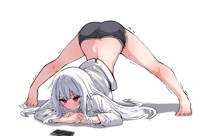 1girl, absurdres, arched_back, arm_rest, ass, barefoot, black_shorts, cellphone